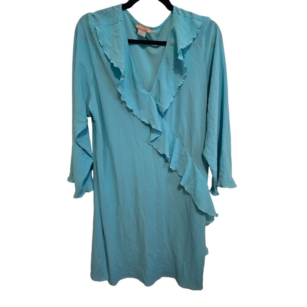 Sensara Women's 1X Aqua Ruffled V-Neck‎ Long Sleeve Night Dress